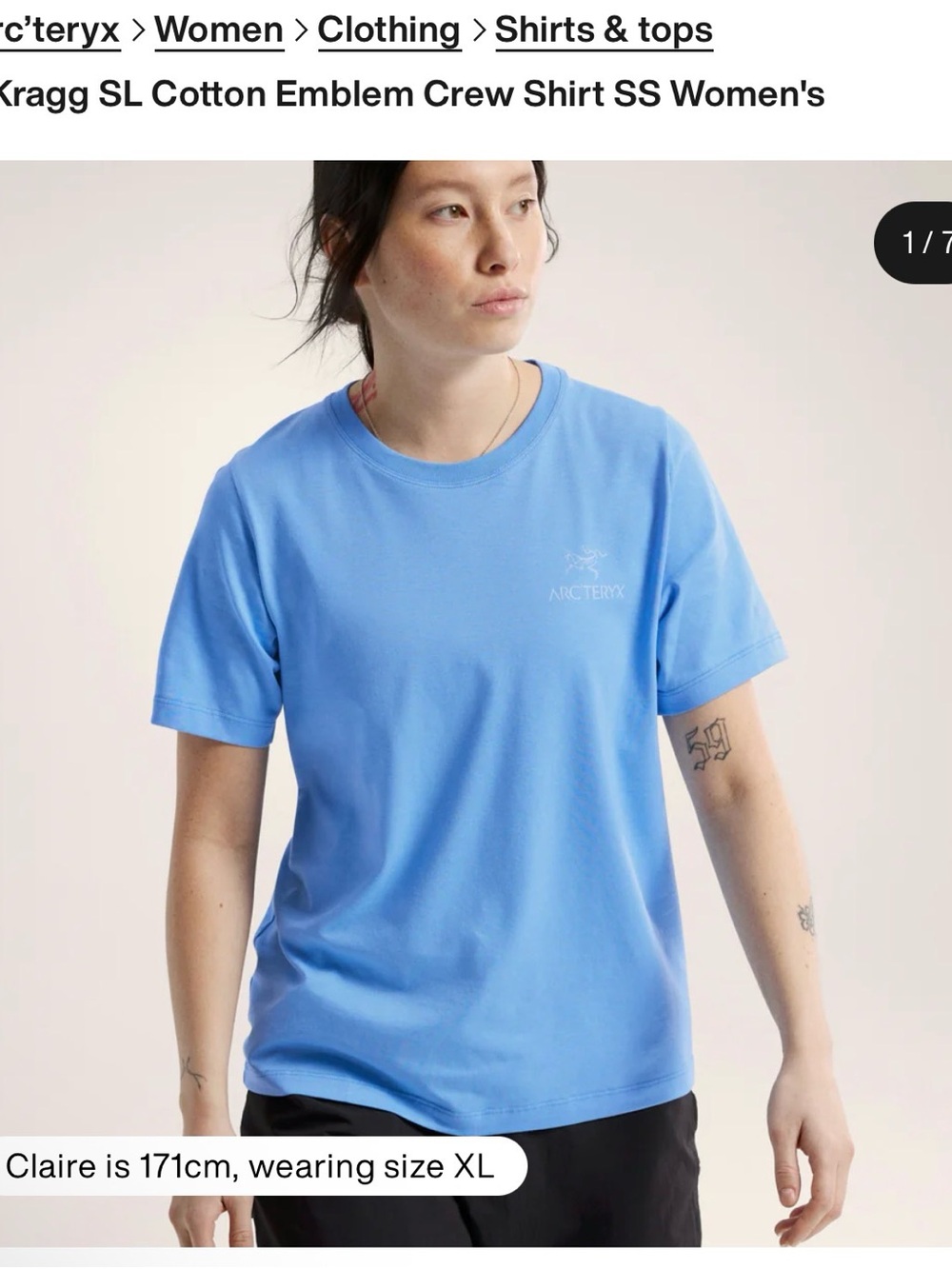 NWT ARC'TERYX  KRAGG SL COTTON EMBLEM CREW SHIRT SS WOMEN'S - GLACIAL Xs